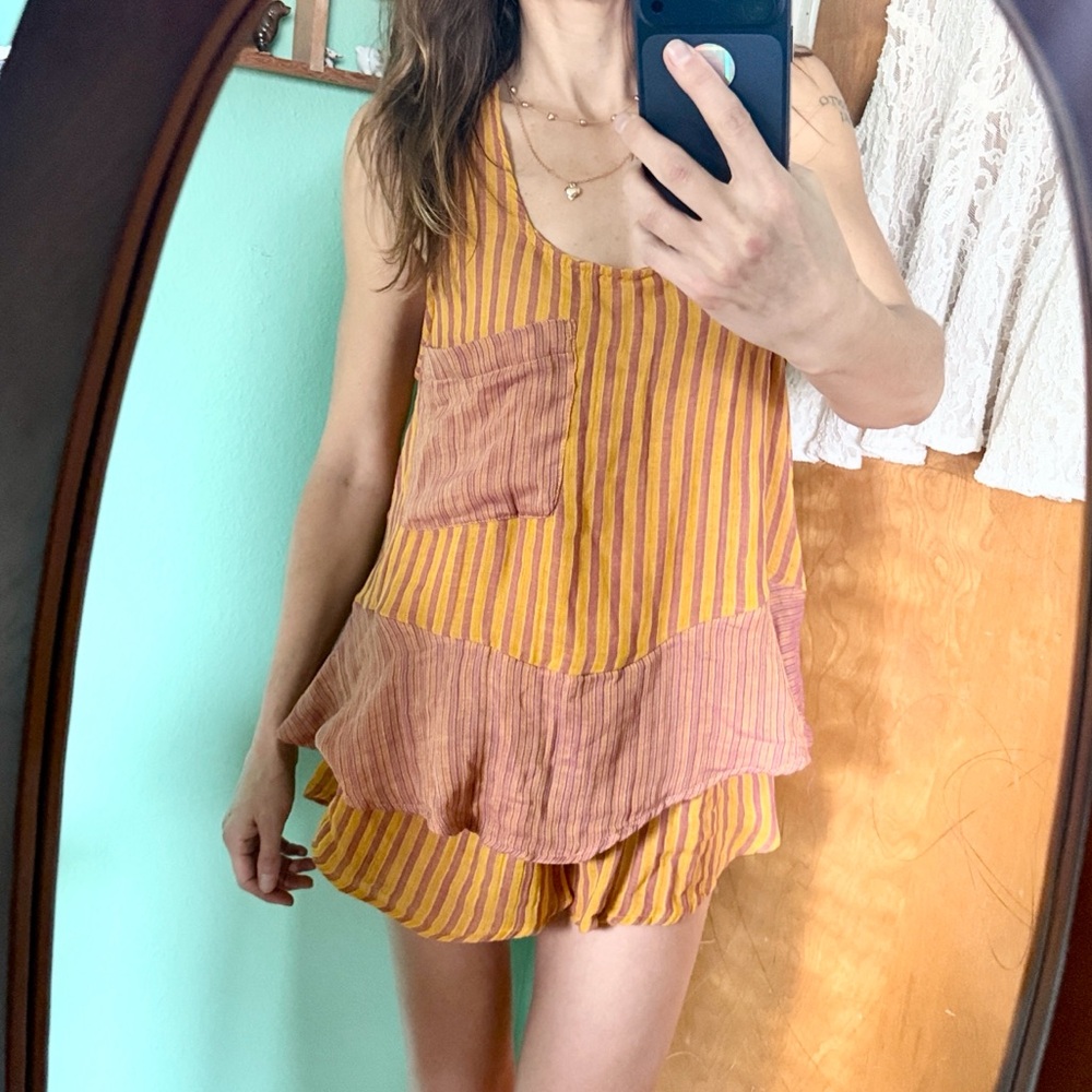 Free People Yellow and Rust Striped Tank Romper